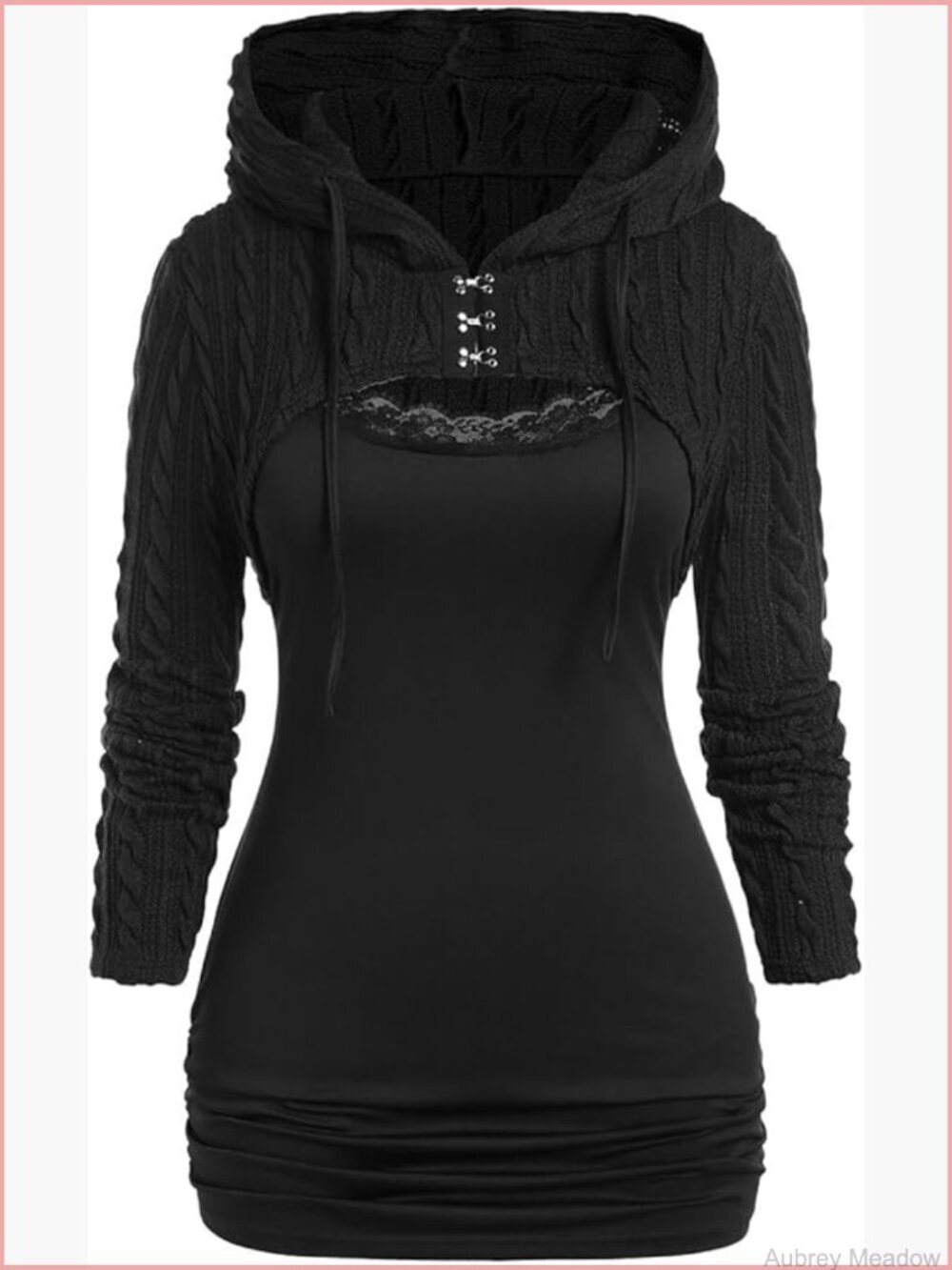 Women Lace Trim Ruched Cami Tank Top and Hooded Hook Eye Cropped Shrug Sweater